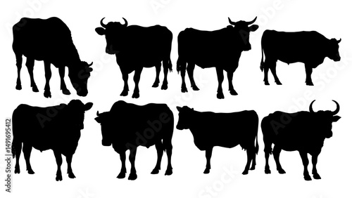 Bull and Cow Silhouette Collection – Farm Animal Vector Set on White Background
