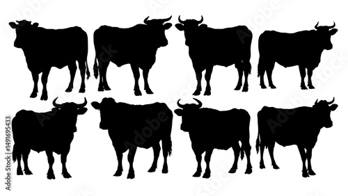 Bull and Cow Silhouette Collection – Farm Animal Vector Set on White Background