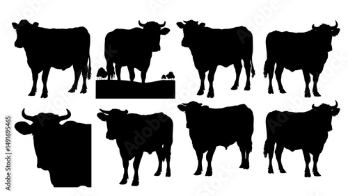 Bull and Cow Silhouette Collection – Farm Animal Vector Set on White Background
