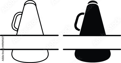 Cheerleader split megaphone icon set black flat, outline styles. Contour symbol. Megaphone, pom-poms. Sport team support group. Customizable illustration collection isolated on transparent background.