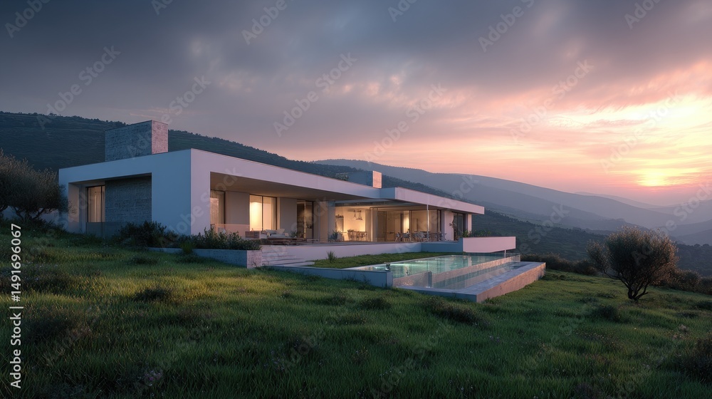 Obraz premium Modern villa sunset Luxury home with pool with nature background.