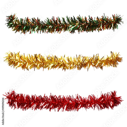 Festive tinsel garland in red gold and green colors ideal for Christmas decorations