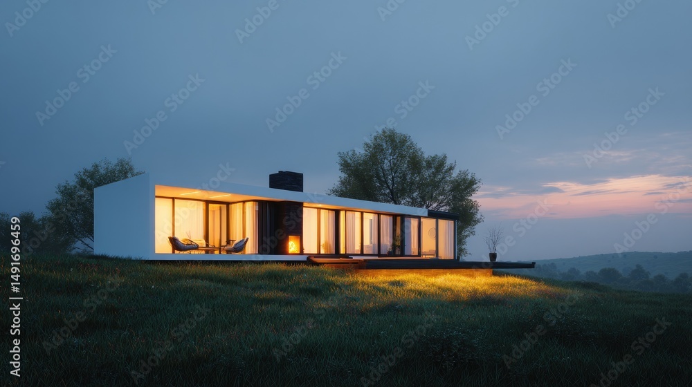Obraz premium Modern home at dusk Minimalist architecture meets tranquil nature.