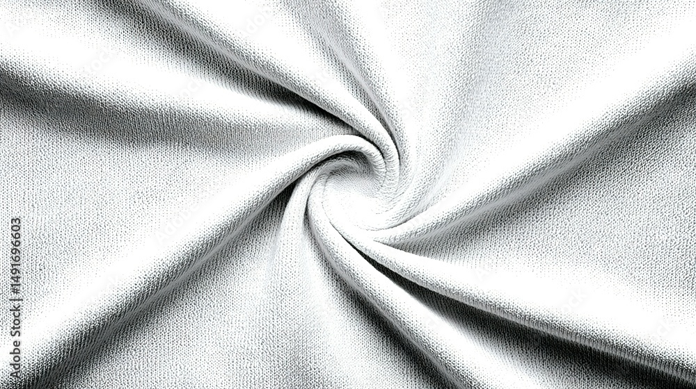 Fototapeta premium Closeup view of smooth, light gray fabric folds in a spiral pattern.