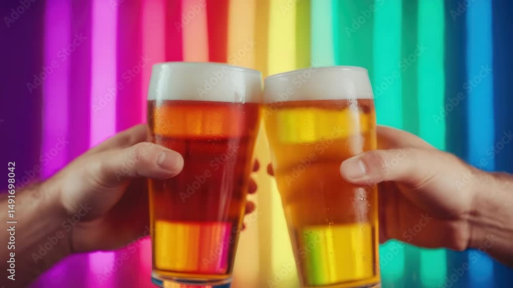 Cheers to colorful friendship and celebration as two glasses of beer clink together, creating joyful and festive atmosphere against vibrant rainbow backdrop. Cheers to colorful friendship and celebration as two glasses of beer clink together, creating joyful and festive atmosphere against vibrant rainbow backdrop.