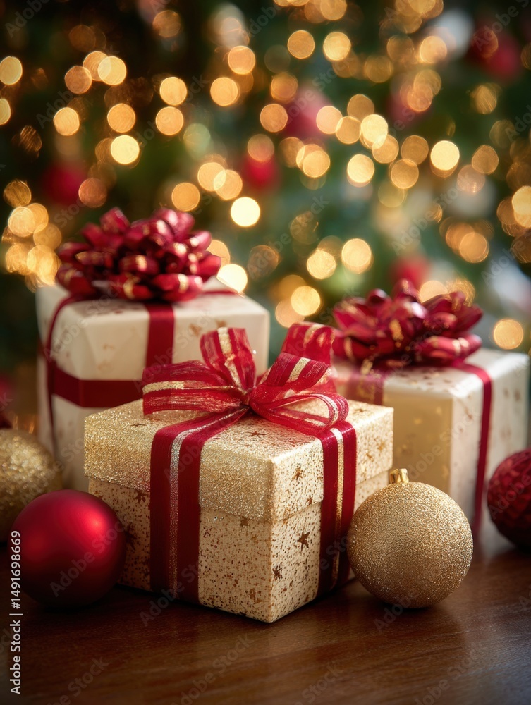 Two gift boxes wrapped in red ribbon with gold ornaments on a white background. Two gift boxes wrapped in red ribbon with gold ornaments on a white background.