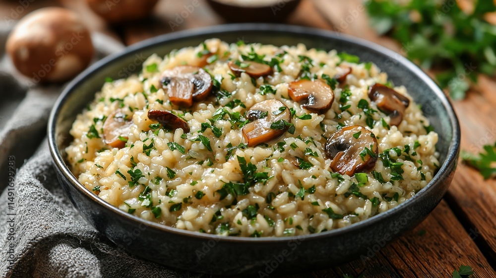 Creamy mushroom risotto with parsley garnish in a dark bowl Creamy mushroom risotto with parsley garnish in a dark bowl