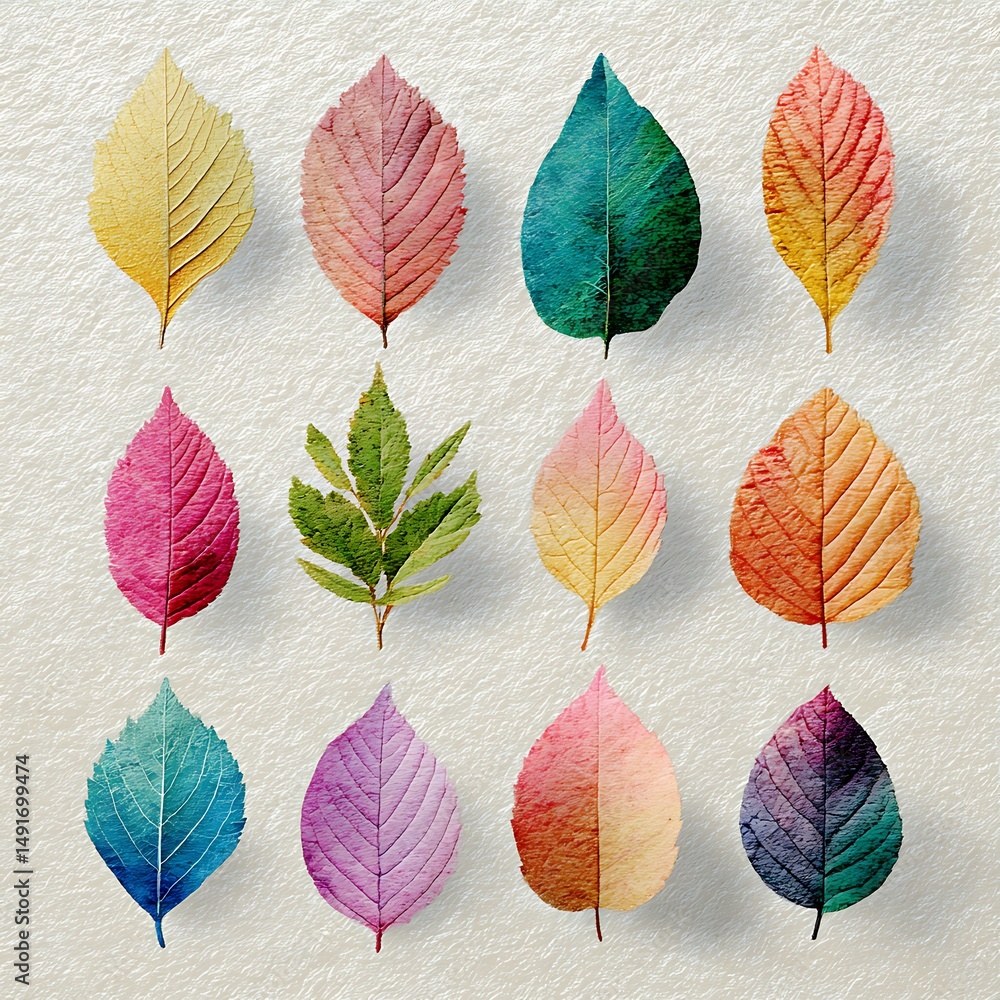 Obraz premium a group of watercolor-style autumn leaves in pastel tones on textured paper, hand-drawn look, space in upper left for writing,