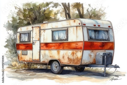 Wallpaper Mural A weathered vintage caravan with rust spots and orange stripe parked on a dirt ground surrounded by trees and foliage in a natural setting Torontodigital.ca