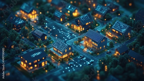 Aerial view of a modern, sustainable neighborhood at night.  Houses with solar panels are lit by warm light
