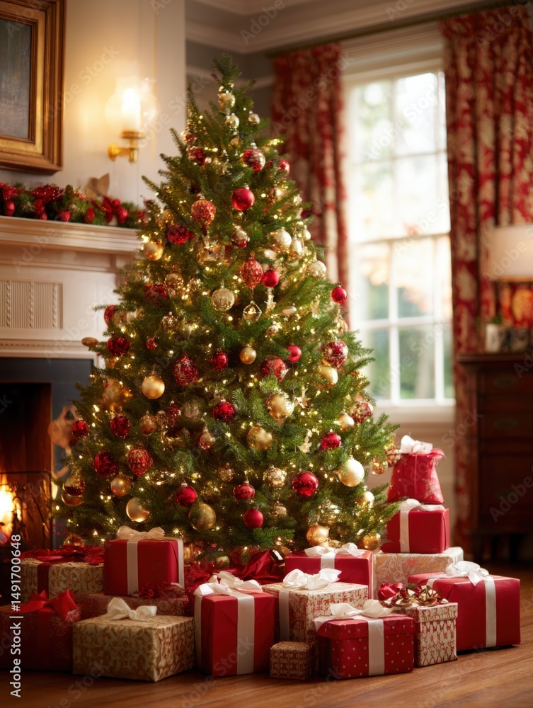 Decorated Christmas tree with wrapped presents by a cozy fireplace in a warm indoor setting. Decorated Christmas tree with wrapped presents by a cozy fireplace in a warm indoor setting.