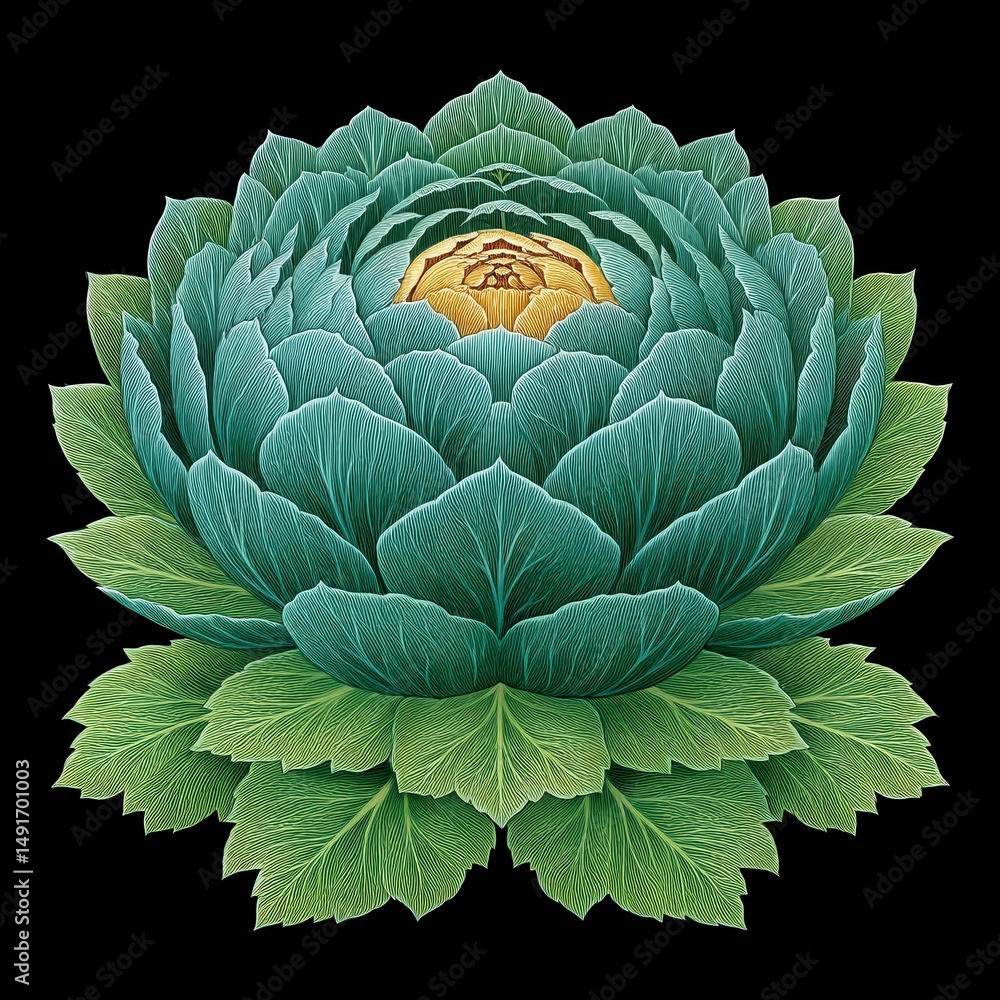 Obraz premium Stylized Teal and Green Lotus Flower with Gold Center