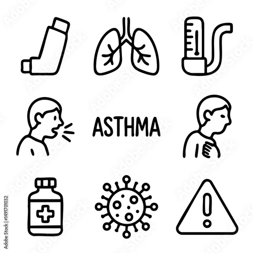 A set of doodle line icons illustrating asthma, respiratory issues, symptoms, inhalers, viruses, and medical treatment awareness