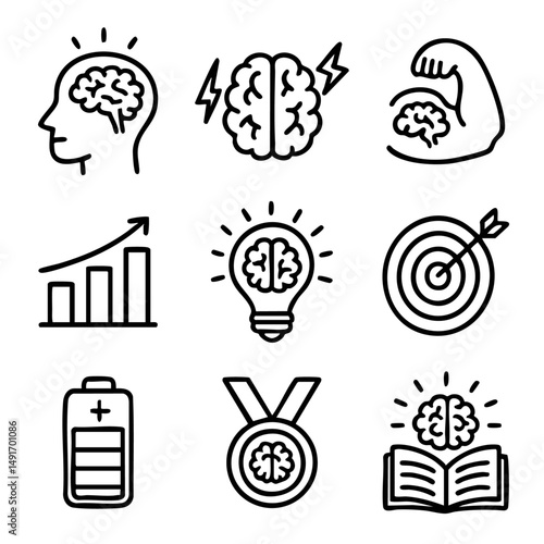 A set of doodle line icons representing brain power, intelligence, mental strength, ideas, learning, creativity, and achievement