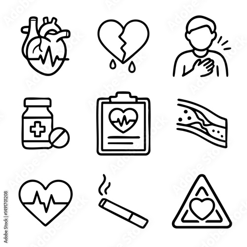 A set of doodle line icons related to heart disease, symptoms, medication, cholesterol, smoking risk, and cardiovascular health monitoring