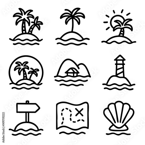 A set of doodle line icons showing tropical islands, palm trees, ocean waves, lighthouse, beach hut, treasure map, and seashell