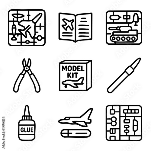 A set of doodle line icons representing model kit building, including tools, plastic sprues, glue, instructions, and miniature parts