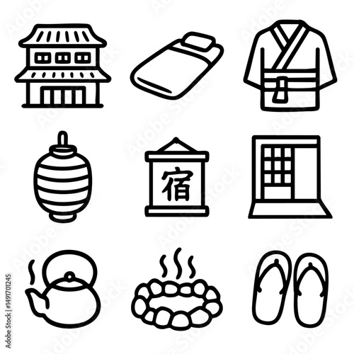 A set of doodle line icons representing a traditional Japanese ryokan experience, with futon, kimono, tea, onsen, and sliding door
