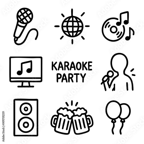 A set of doodle line icons representing karaoke party elements including microphone, disco ball, singing, drinks, music screen, and fun