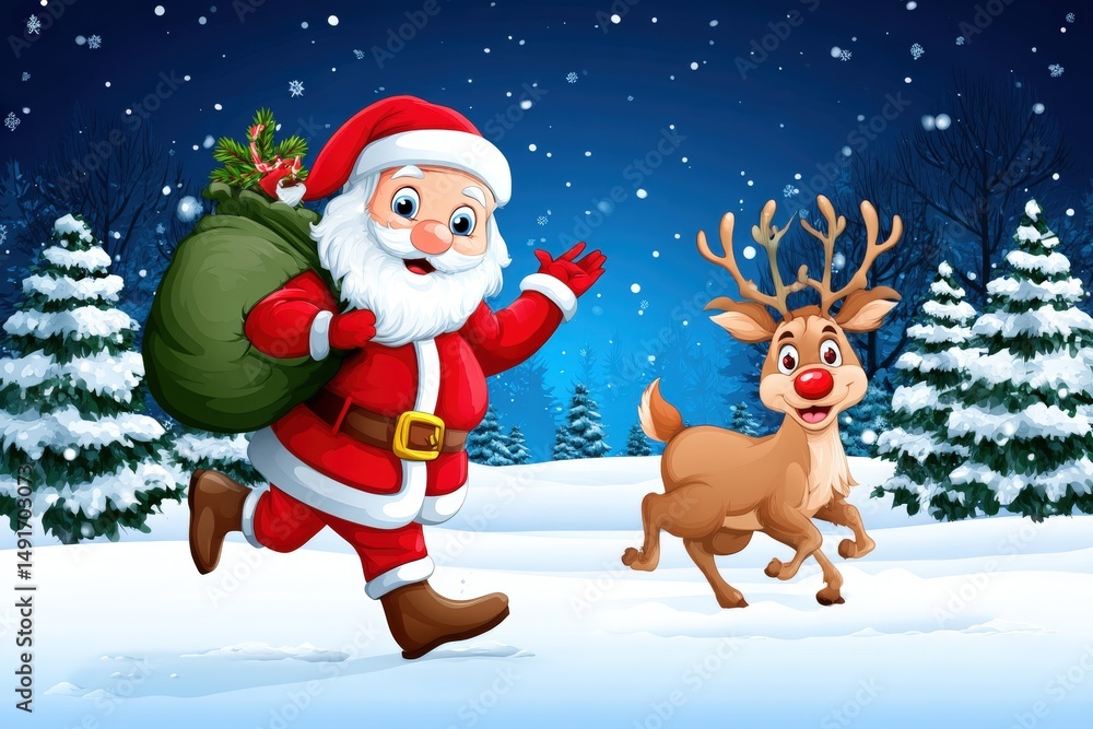 Cartoon Santa Claus running with a reindeer through snowy landscape during daytime. Cartoon Santa Claus running with a reindeer through snowy landscape during daytime.