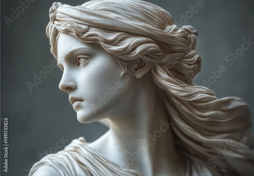 Close-up of a classical white marble bust depicting a young woman with flowing hair and a serene, contemplative expression against a dark blurred background