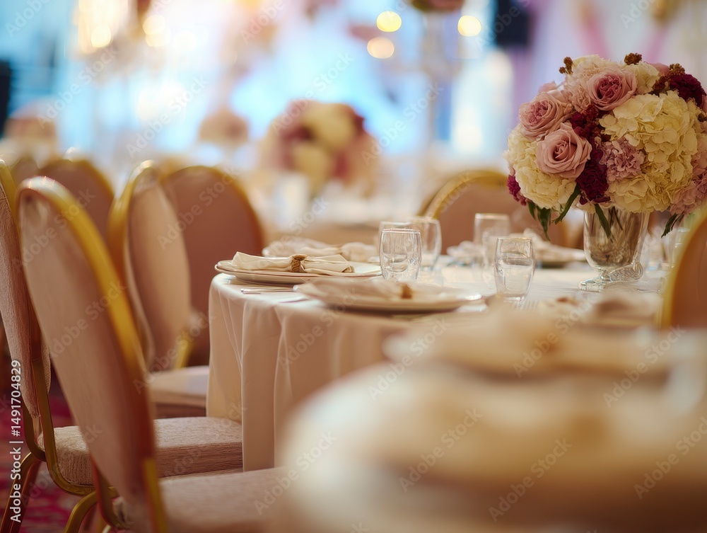 © Niken - Hall decorated for wedding ceremony. Round chairs and tables for guests, served with cutlery and flowers. © Niken - Hall decorated for wedding ceremony. Round chairs and tables for guests, served with cutlery and flowers.