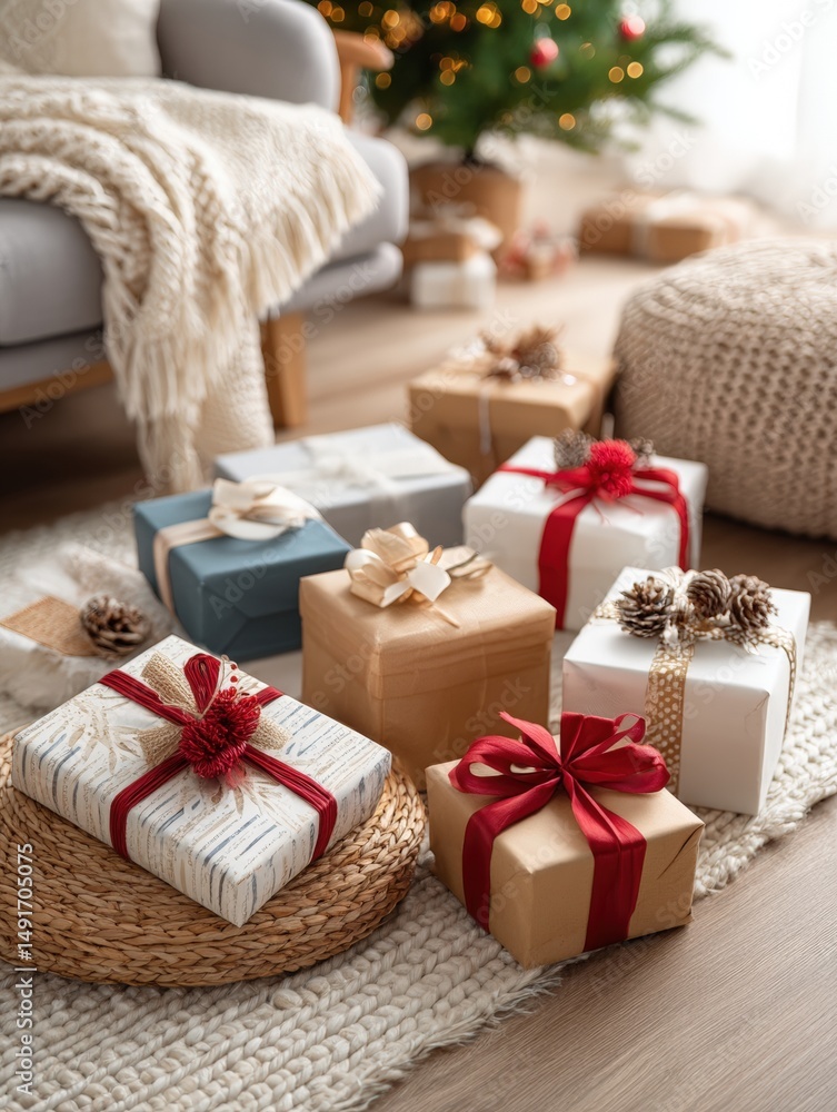 Wrapped gifts in brown and white paper with red bows arranged on a plain background. Wrapped gifts in brown and white paper with red bows arranged on a plain background.