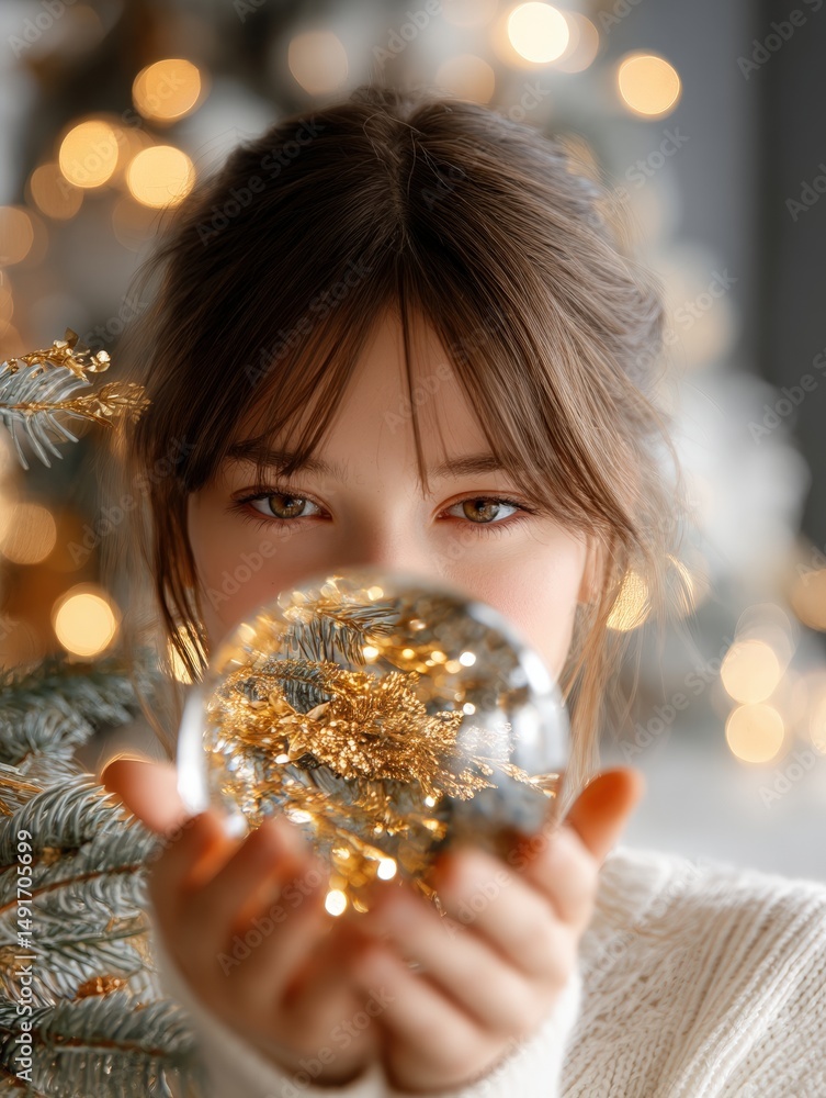 Naklejka premium Young girl holding a snow globe near a decorated Christmas tree with warm indoor lighting.