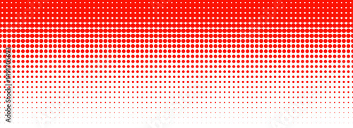 Red color halftone gradient texture. Vanishing cartoon polka dot background. Repeating dotted gradation pattern. Fading comic pop art overlay backdrop. Raster halfton patern effect wallpaper. Vector