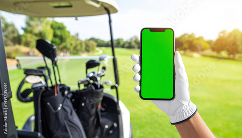 A golfer holds a green screen smartphone in a golf cart with a scenic course view, perfect for app or product mockups.