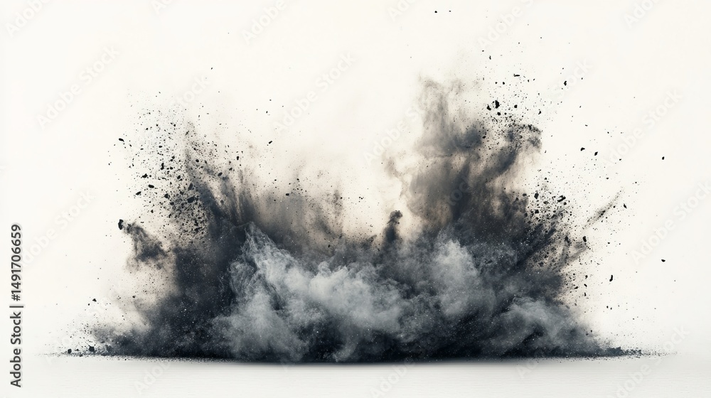 A dramatic grayscale explosion of dark powder against a stark white background, showing texture and movement A dramatic grayscale explosion of dark powder against a stark white background, showing texture and movement