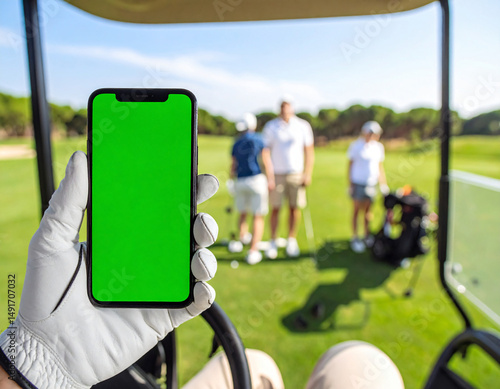 A golfer holds a green screen smartphone in a golf cart with a scenic course view, perfect for app or product mockups.