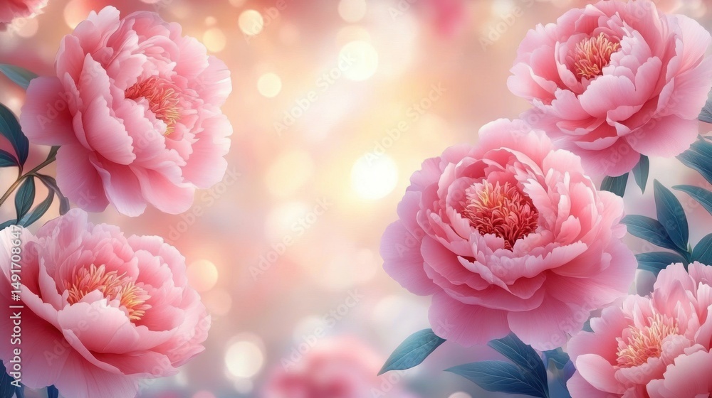 Fototapeta premium Close-up of blooming pink peony flowers with soft green leaves against a warm, glowing bokeh background evoking a peaceful and delicate atmosphere