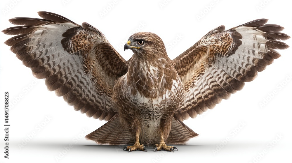 Fototapeta premium A common buzzard with wings folded, sitting centrally on a white background, detailed feathers and eyes, studio-lit, photorealistic image