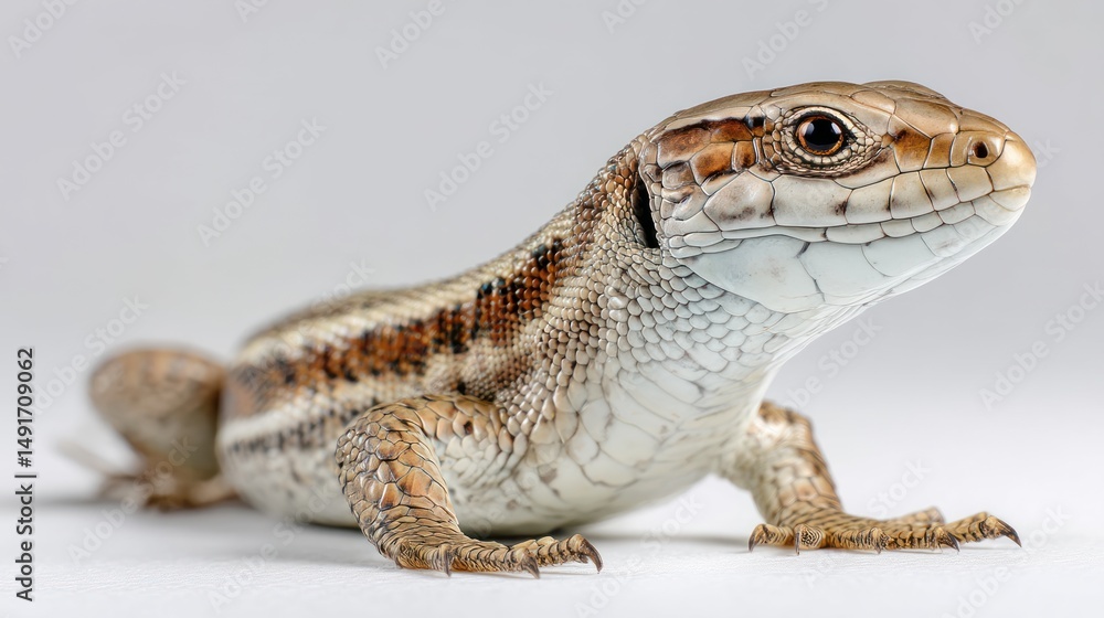 Obraz premium A common lizard with scaly skin, sitting in the center of the frame, white background, sharp detail, natural lighting, high-resolution photography