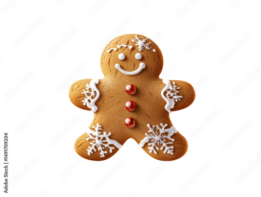 A delightful gingerbread man cookie with white icing and red buttons isolated on a bright white background. A delightful gingerbread man cookie with white icing and red buttons isolated on a bright white background.