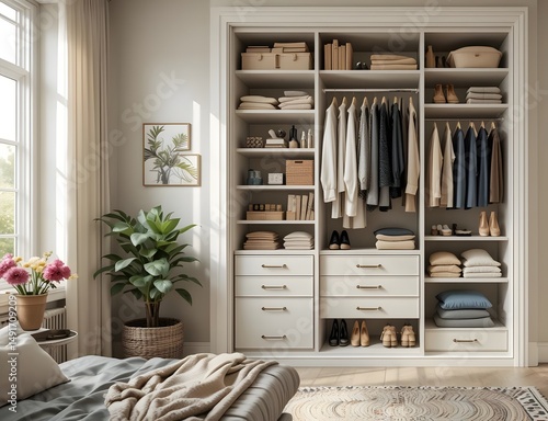 Tidy closet in woman's bedroom - declutter with storage organization - transform chaos messy space into peaceful calm