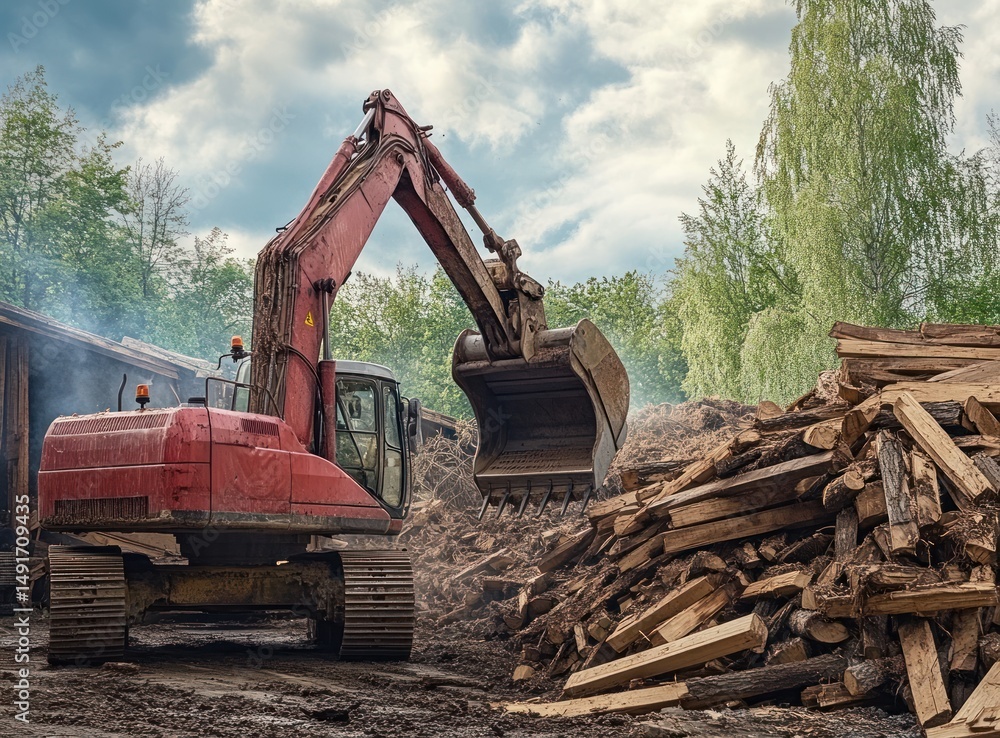 Fototapeta premium Red excavator moving wood logs at a lumber yard.