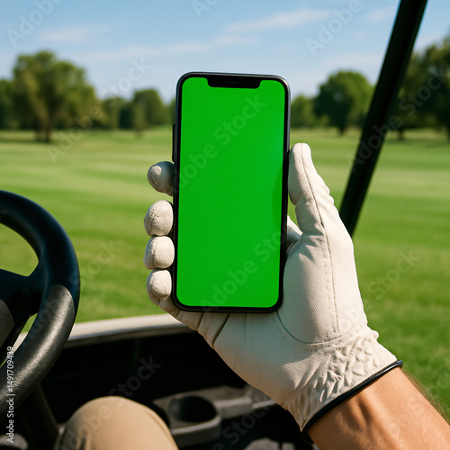 A golfer holds a green screen smartphone in a golf cart with a scenic course view, perfect for app or product mockups.