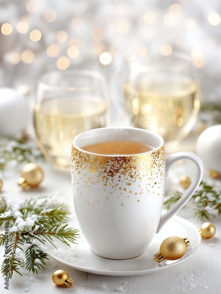 Elegant white cup with gold decoration filled with tea on a light wooden surface, morning light. Elegant white cup with gold decoration filled with tea on a light wooden surface, morning light.