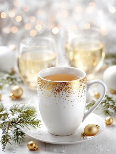 Wallpaper Mural Elegant white cup with gold decoration filled with tea on a light wooden surface, morning light. Torontodigital.ca