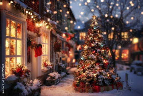 Wallpaper Mural Illuminated Christmas tree decorated with lights outside a storefront at night during the holiday season. Torontodigital.ca