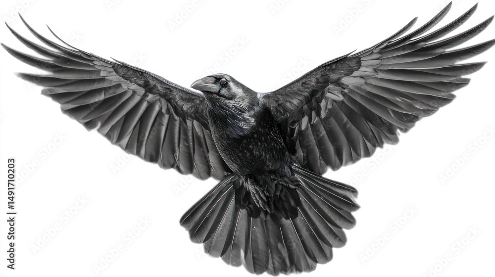 Naklejka premium A crow in flight with wings flapping, centered on a white background, detailed black feathers, studio-lit, photorealistic image