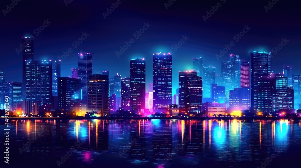 Vibrant city skyline reflected in tranquil water at night. Vibrant city skyline reflected in tranquil water at night.
