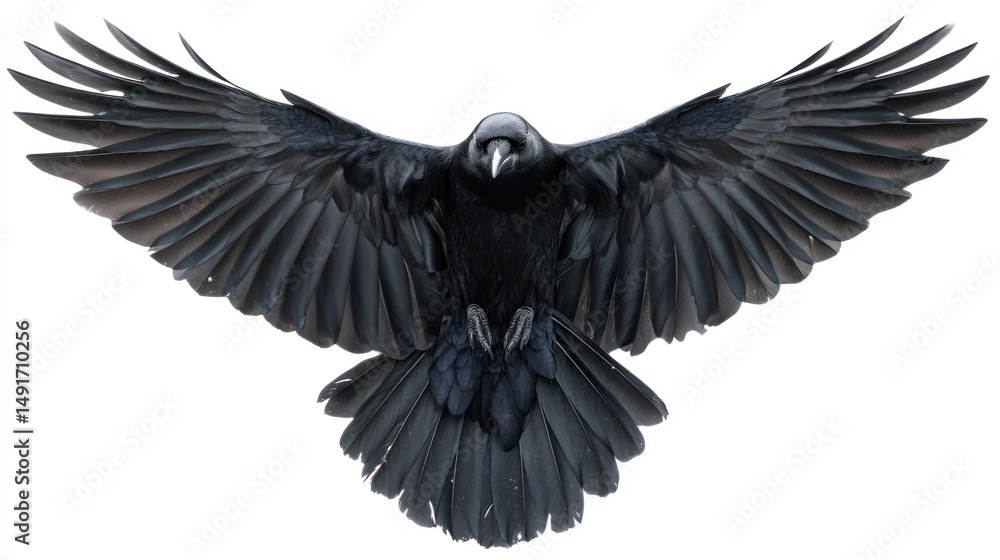 Fototapeta premium A crow in flight with wings flapping, centered on a white background, detailed black feathers, studio-lit, photorealistic image