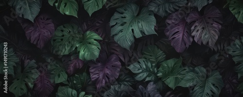 Deep purple and green exotic leaves, shadowy, mysterious pattern  Lush, dark botanical print , abstract, decor, leaves