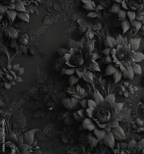 Wallpaper Mural Intricate black charcoal floral wallpaper  Elegant, luxurious design with rich detailing , vintage, texture, surface Torontodigital.ca