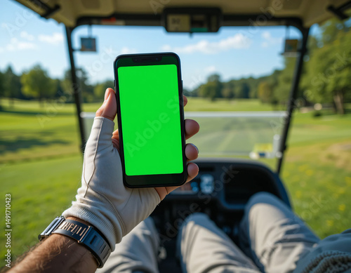 A golfer holds a green screen smartphone in a golf cart with a scenic course view, perfect for app or product mockups.