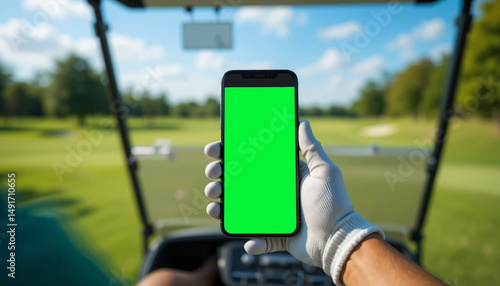 A golfer holds a green screen smartphone in a golf cart with a scenic course view, perfect for app or product mockups.
