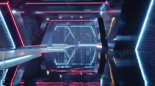 Fototapeta Naklejka Na Ścianę i Meble -  Futuristic tunnel with vibrant neon lights and reflective floor